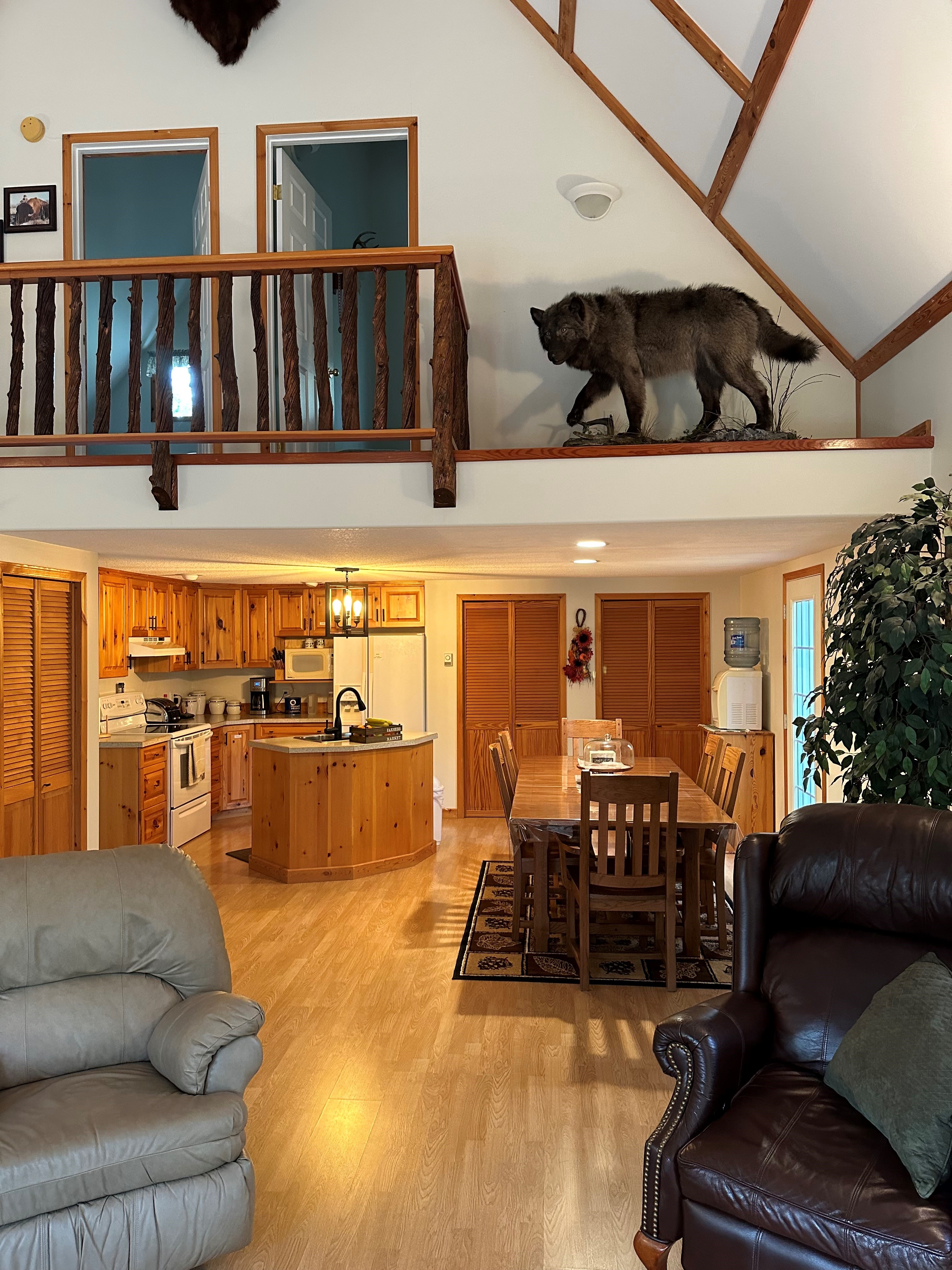 Kitchen and dining area inside the Echo Lake Hunts lodge