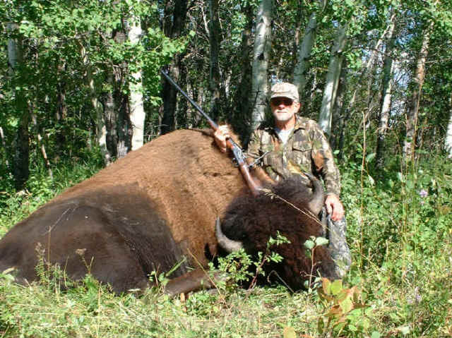 Donald Bouchard from Texas with trophy bison at Echo Lake Hunts in Saskatchewan