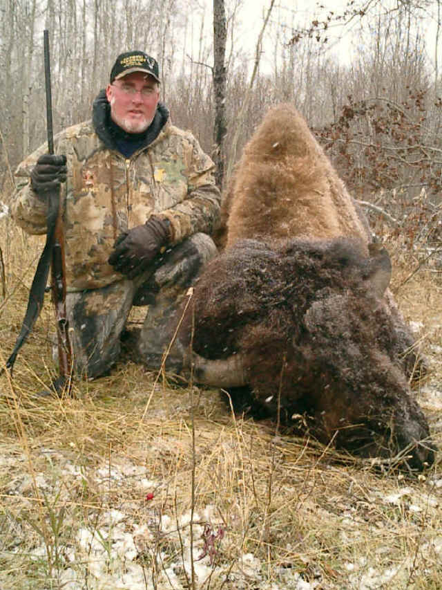 Douglas Whitaker from Indiana with trophy bison at Echo Lake Hunts in Saskatchewan