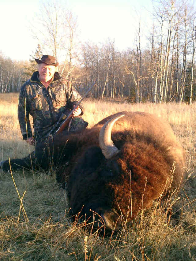 Jeff Birdwell from Texas with trophy bison at Echo Lake Hunts in Saskatchewan