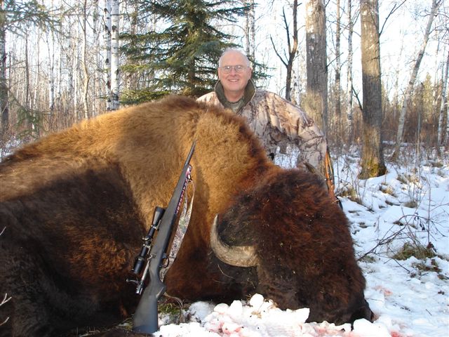 Kenny Zuber from New Mexico with trophy bison at Echo Lake Hunts in Saskatchewan