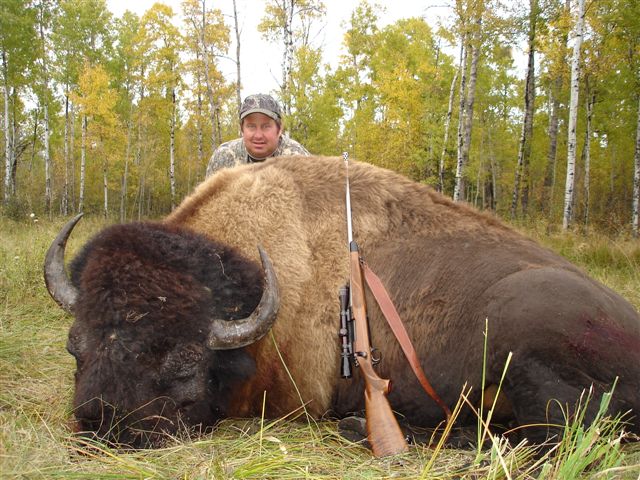 Mike Paddock from Nevada with trophy bison at Echo Lake Hunts in Saskatchewan