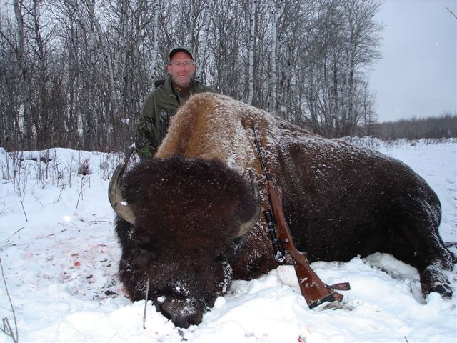 Patrick Kirsch from Minnesota with trophy bison at Echo Lake Hunts in Saskatchewan