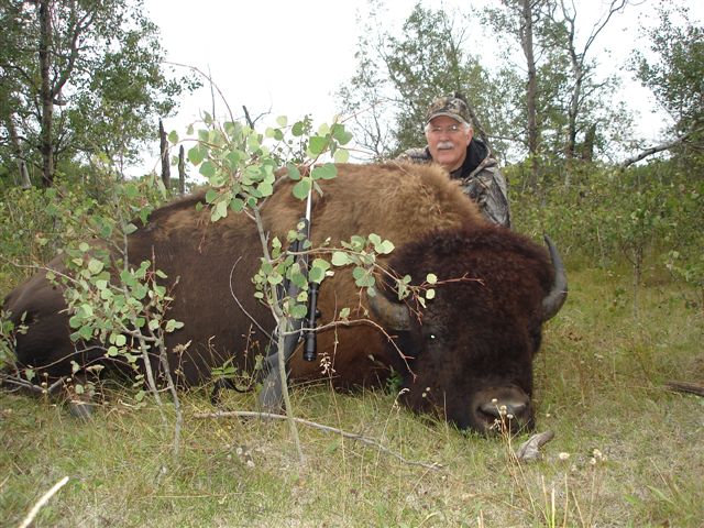 Alvin Prause from Texas with trophy bison at Echo Lake Hunts in Saskatchewan