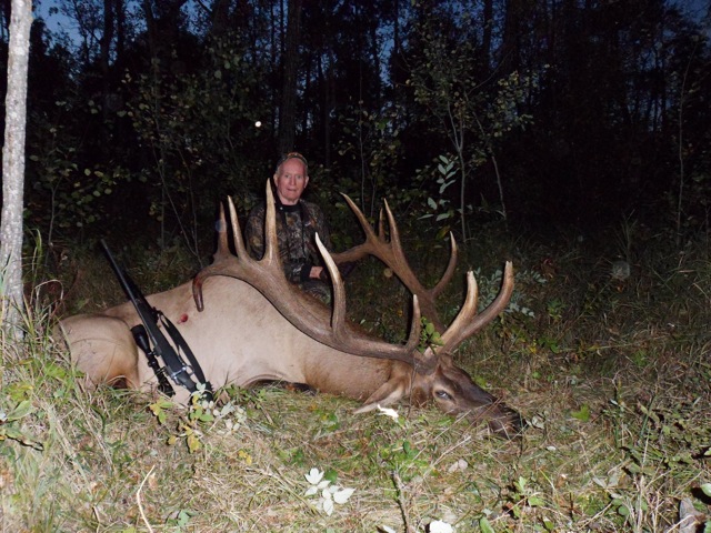 Gerald Russell from Texas with trophy bull elk at Echo Lake Hunts in Saskatchewan