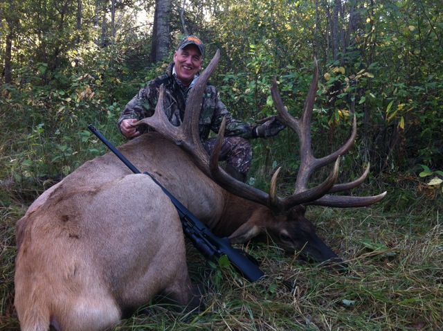Jon Goings from Virginia with trophy bull elk at Echo Lake Hunts in Saskatchewan