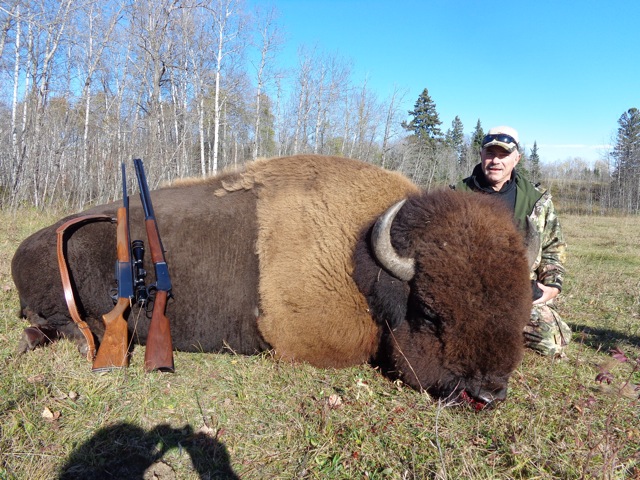 Todd Layport from Oregon with trophy bison at Echo Lake Hunts in Saskatchewan