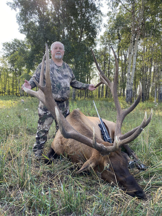 Mike Mattson from Montana with trophy bull elk at Echo Lake Hunts in Saskatchewan