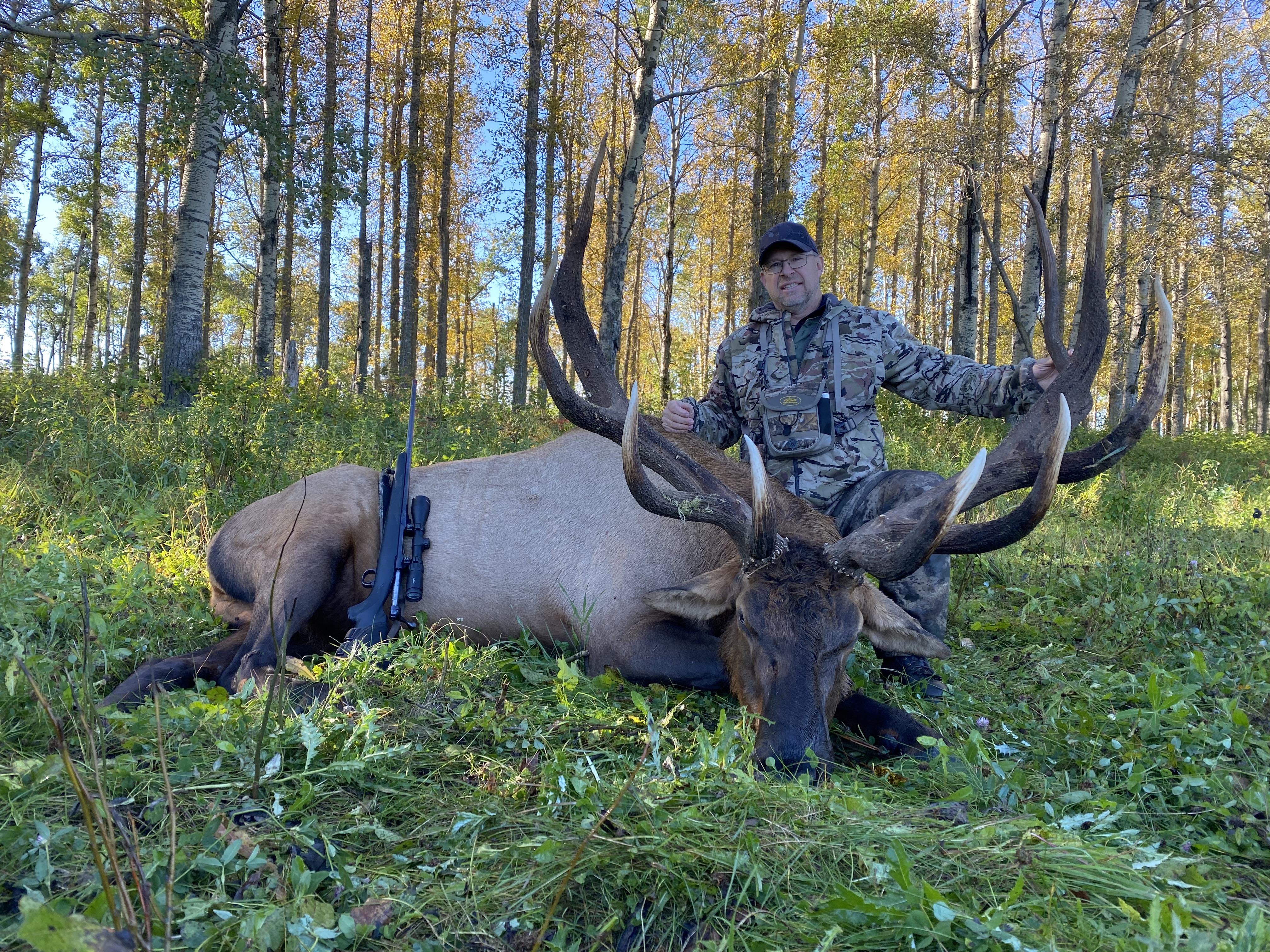 Ryan Lord from Canada with trophy bull elk at Echo Lake Hunts in Saskatchewan