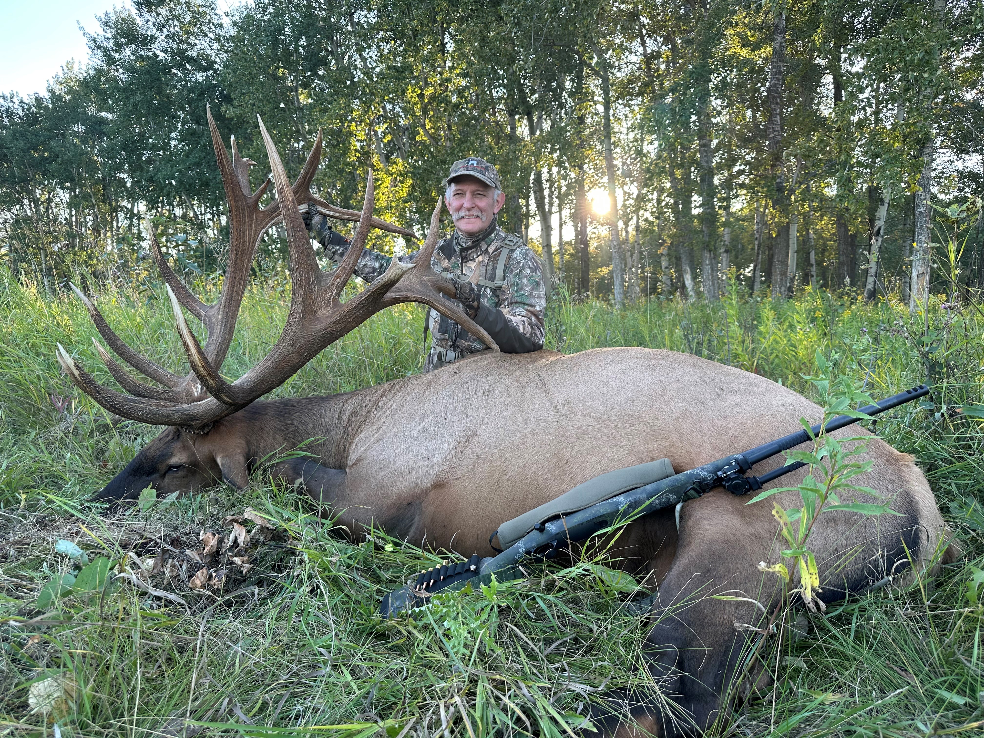 Joe Berger from Georgia with trophy bull elk at Echo Lake Hunts in Saskatchewan