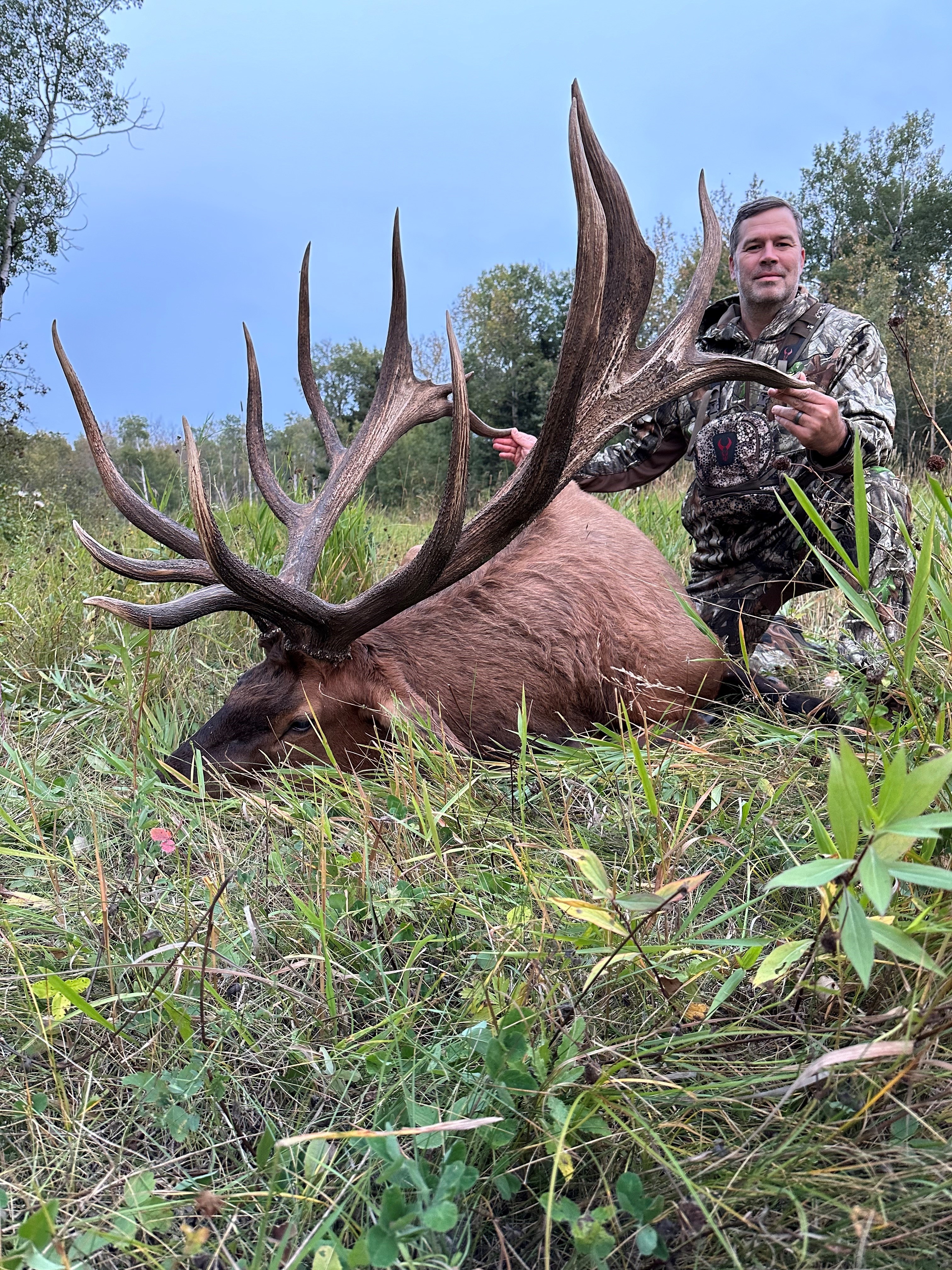 Matt Belger from Florida with trophy bull elk at Echo Lake Hunts in Saskatchewan