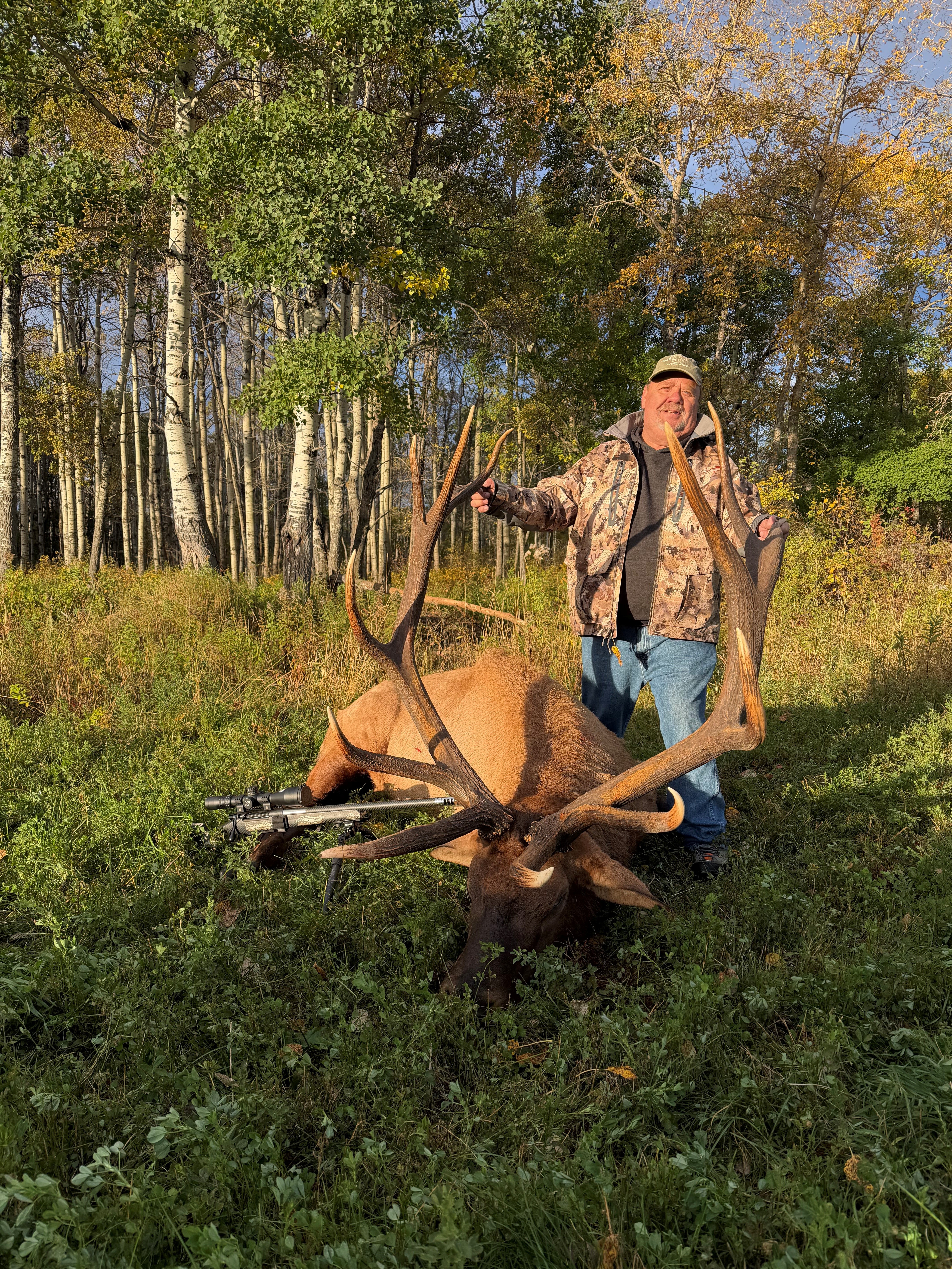 Joe Gillespie from Montana with a trophy bull elk at Echo Lake Hunts in Saskatchewan