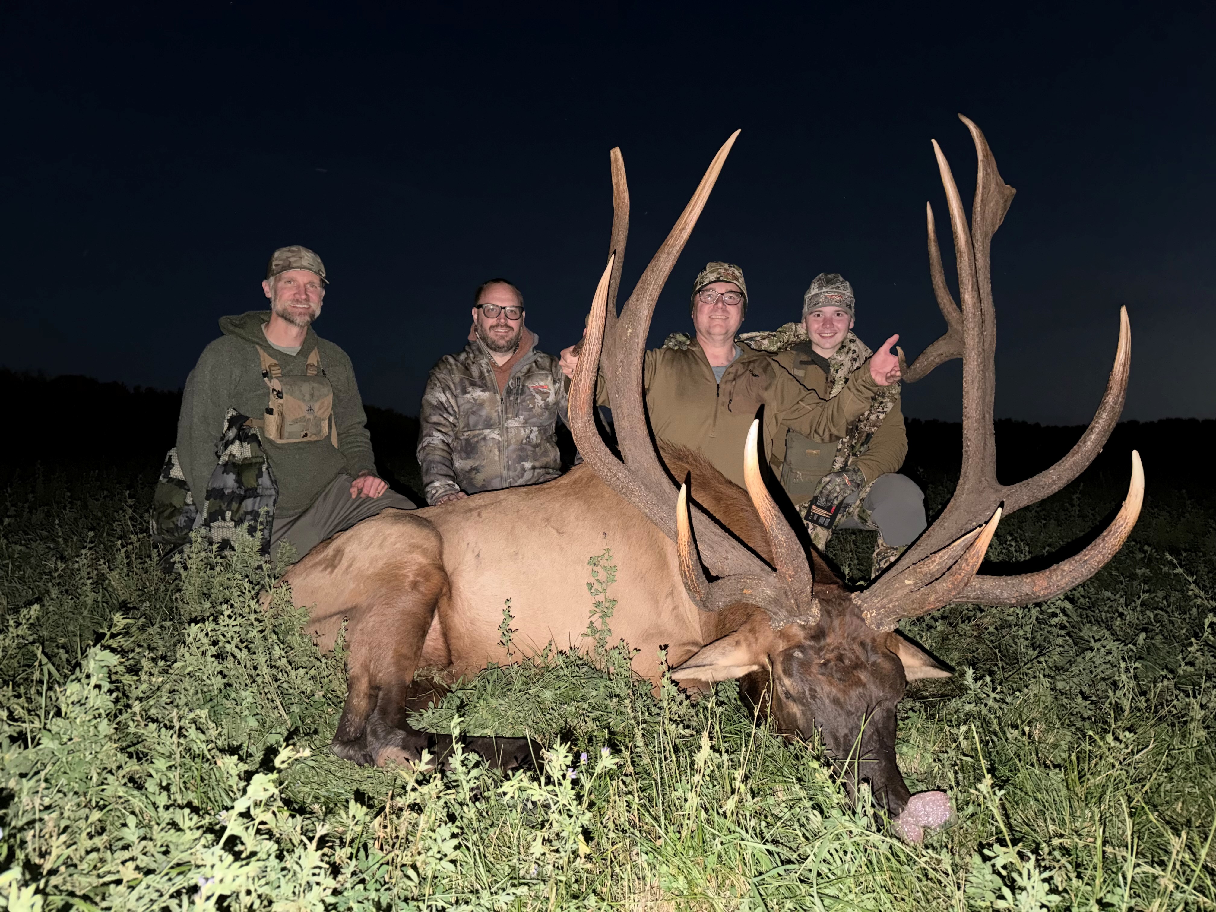 Nathon, Lars, Scott and Grant with a trophy bull elk at Echo Lake Hunts in Saskatchewan